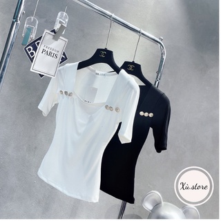 Áo phông cổ vuông cúc ngực chất cotton dẻo lên dáng sang chảnh dễ mix đồ 153