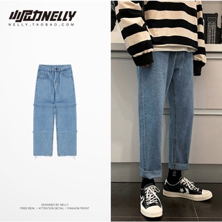 Quần Jean Baggy Nam Cắt Gấu Ống Rộng Màu Xanh Đậm Trơn Basic Unisex Vải Co Giãn-B03