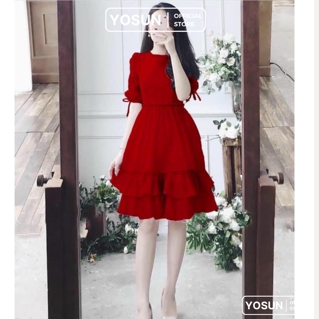 Đầm Nữ Dự Tiệc Cưới Cổ Tròn Viền Bèo Tay Lửng Sang Chảnh, Váy Thiết Kế Form Xòe Nhiều Tầng 2 Màu Đỏ Trắng