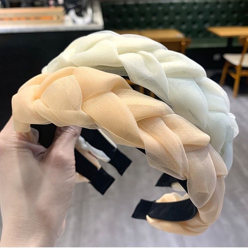 Cài tóc vải lưới gợn sóng màu trơn chiều rộng không đều phong cách Hàn Quốc dễ phối đồ