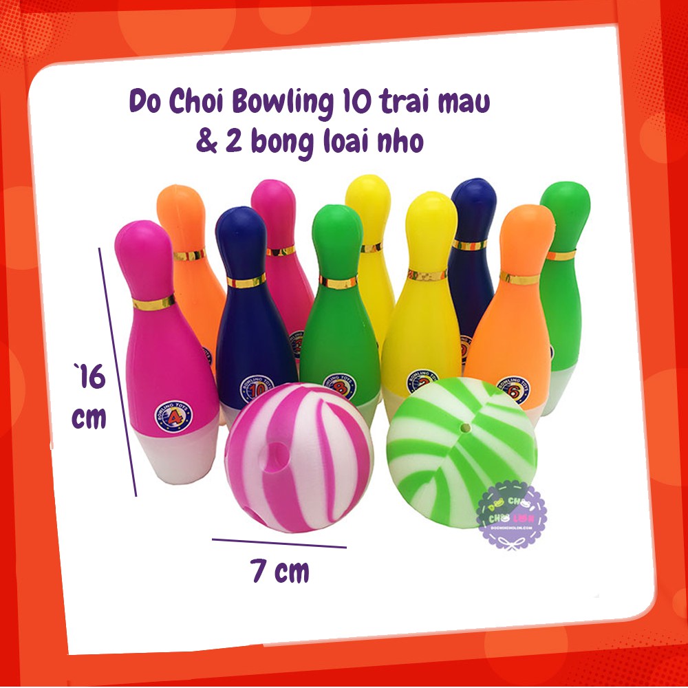 Bộ đồ chơi bowling 10 trái màu &amp; 2 bóng nhựa loại nhỏ - KhaDiTOYS - Đồ chơi thể thao cho bé
