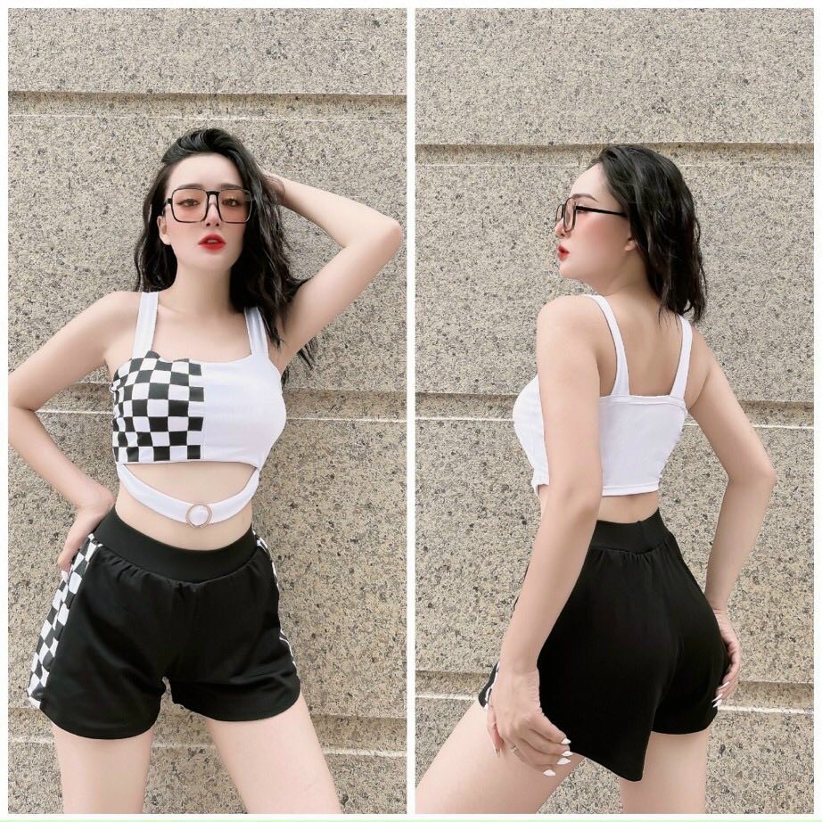 Đồ tập gym nữ áo bra caro quần đùi 2 lớp cá tính tập gym yoga aerobic chạy bộ