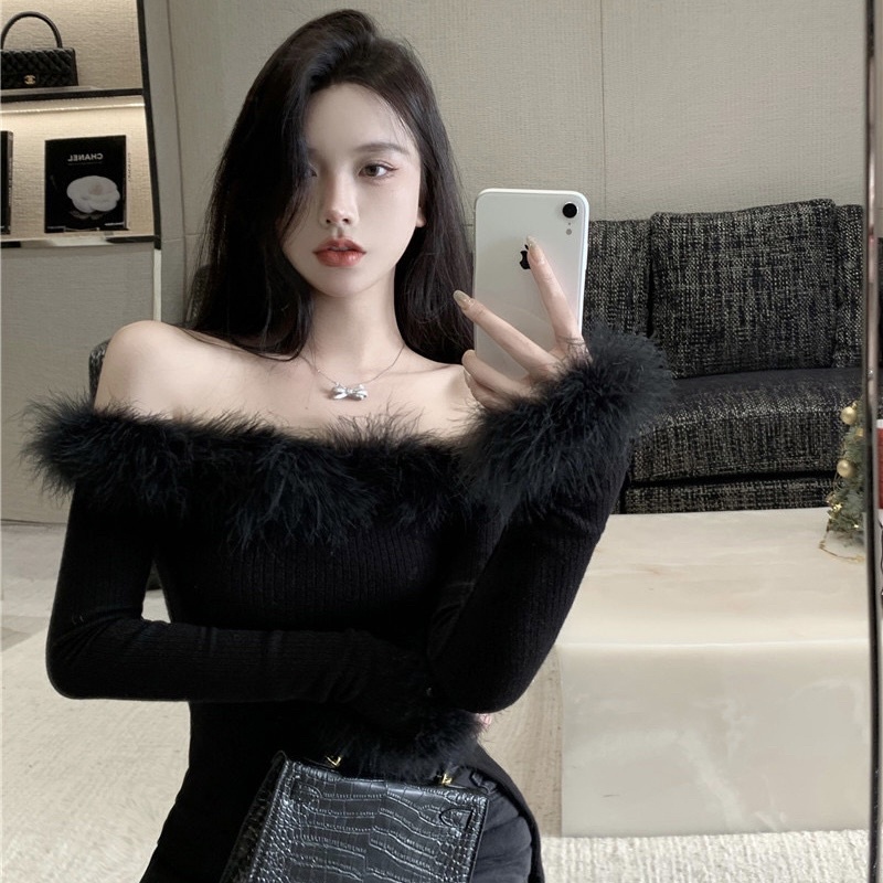 ÁO TRỄ VAI CHẤT LEN MỎNG PHỐI LÔNG SANG CHẢNH