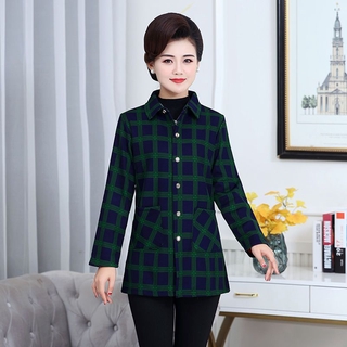 Mẹ Của Mùa Thu Và Mùa Đông Cộng Với Áo Sơ Mi Kẻ Sọc Dài Áo Sơ Mi Trung Niên Áo Khoác Ấm Áp Cho Người Già Quần Áo Ấm Của 