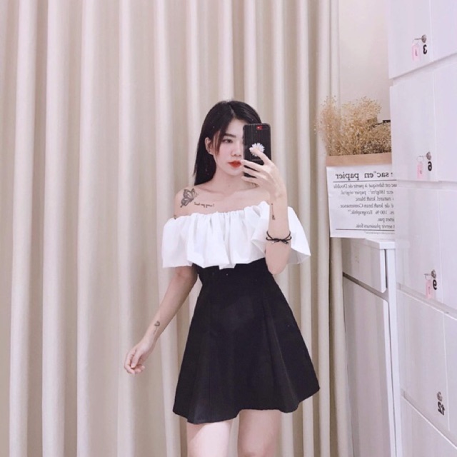 ĐẦM ANGELA TRỄ VAI PHỐI MÀU TRẮNG ĐEN | BigBuy360 - bigbuy360.vn