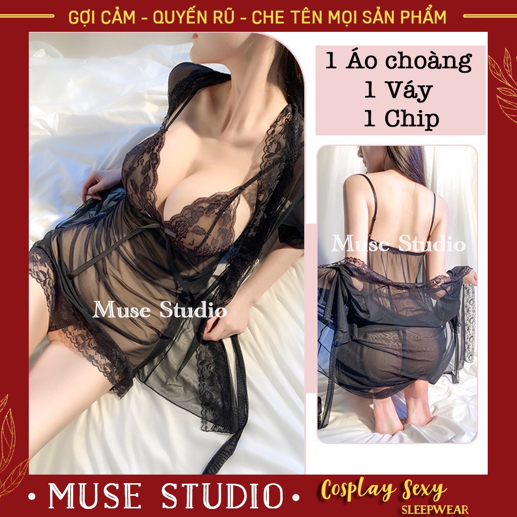 váy ngủ sexy kèm áo choàng ngủ, đầm ngủ gợi cảm hai dây ren voan mỏng xuyên thấu mềm mại quyến rũ - MUSE STUDIO MS003