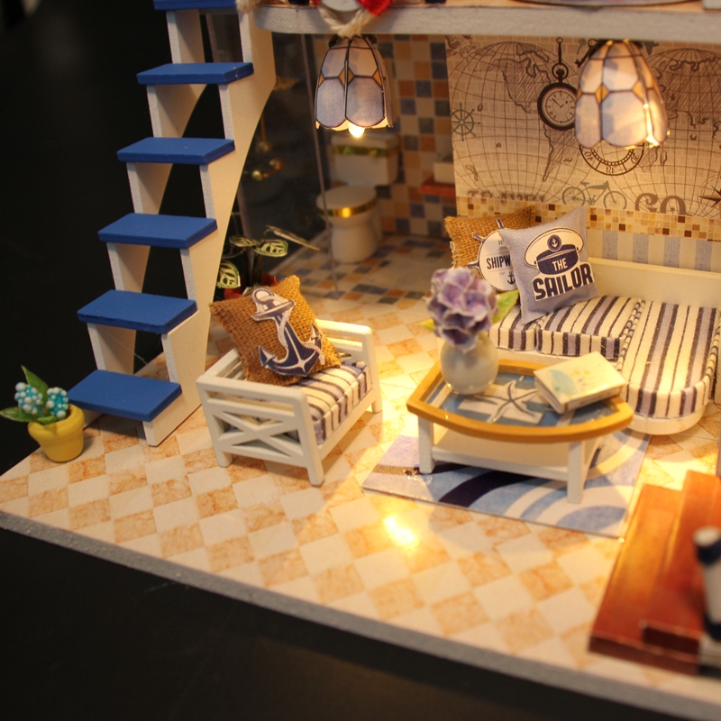 đồ chơi mô hình lắp gáp gỗ vật dụng trang trí ngôi nhà màu xanh bên bờ biển M032 có đèn