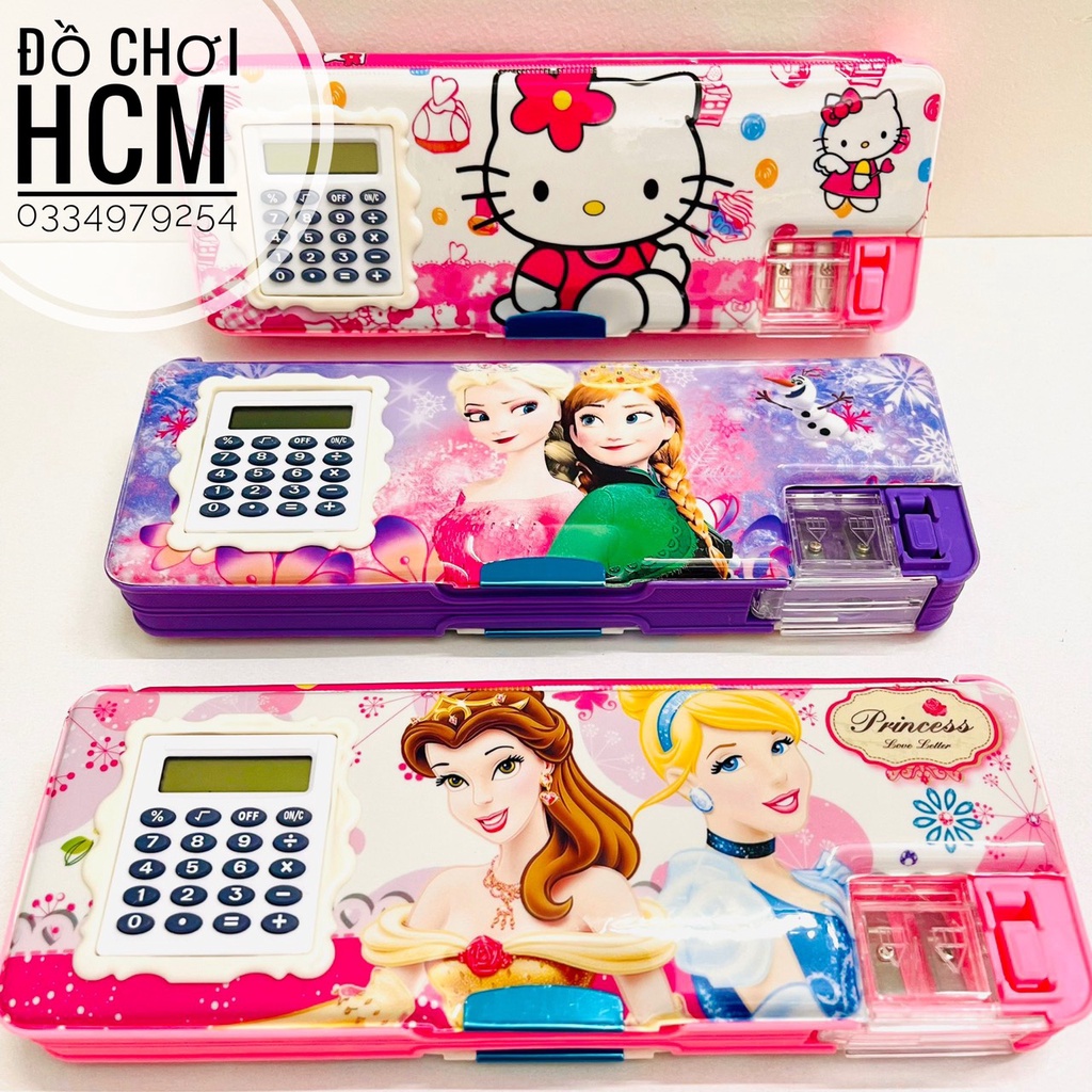 Hộp bút hai ngăn có đồ chuốt, máy tính nhỏ gắn liền cho bé đựng viết/thước hình elsa/spider man/doremon