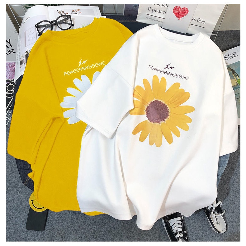 Áo Phông Nữ Form Rộng Dáng Unisex Hoa Cúc, Áo Thun Tay Lỡ Freesize Chất Cotton Co Dãn 4 chiều
