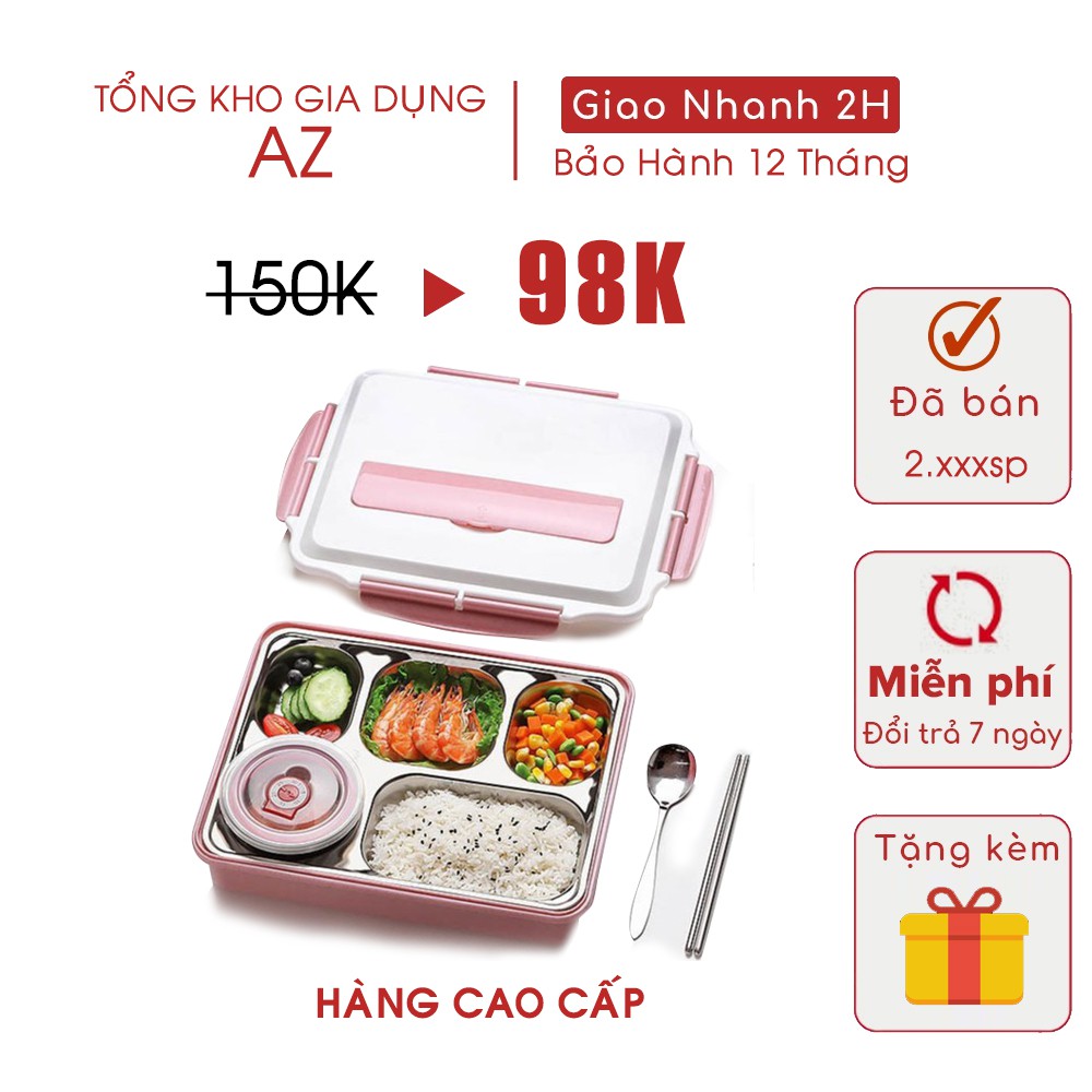 Hộp Cơm Văn Phòng Khay Inox 5 Ngăn Có Bát Để Canh Bọc Nhựa Bên Ngoài - Có Giá Điện Thoại Tặng Thìa Đũa Inox Cao Cấp