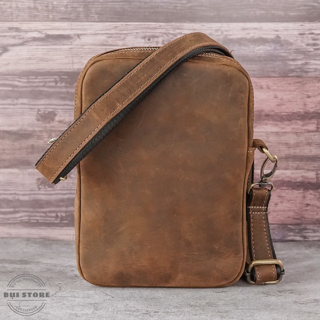 Túi đeo chéo da bò nguyên miếng Handmade, Túi bao tử nam nữ da bò sáp ngựa điên BH da 10 năm - Bụi Store