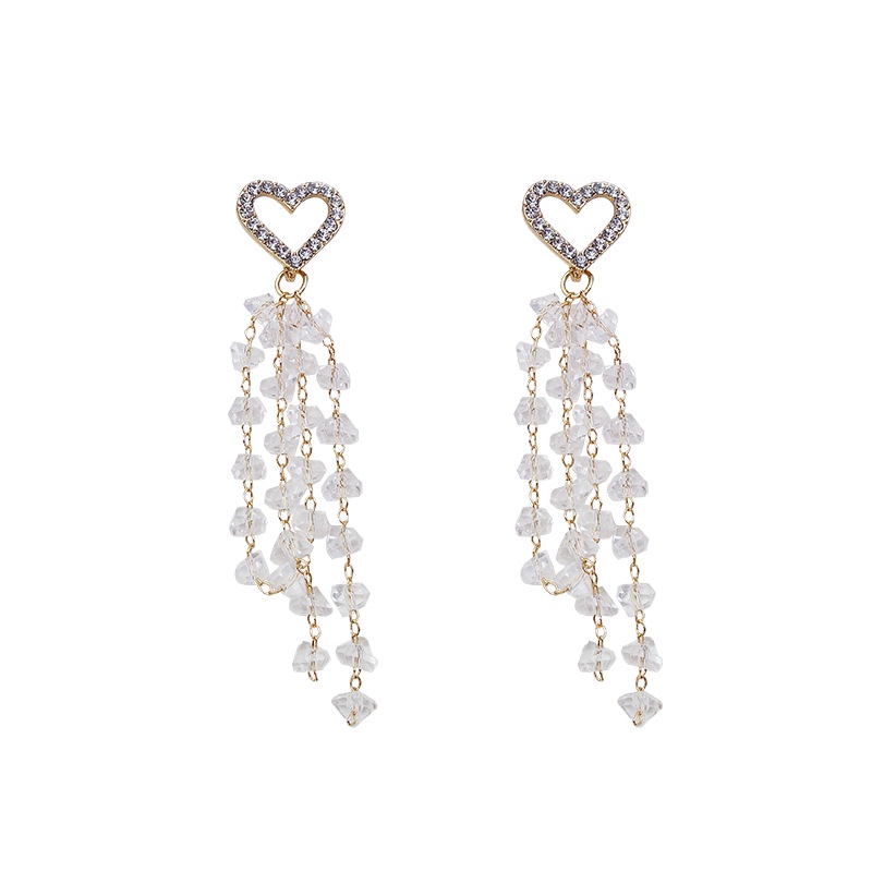 Bông Tai Mạ Bạc 925 Hình Trái Tim Đính Đá Tua Rua Phong Cách Hàn Quốc