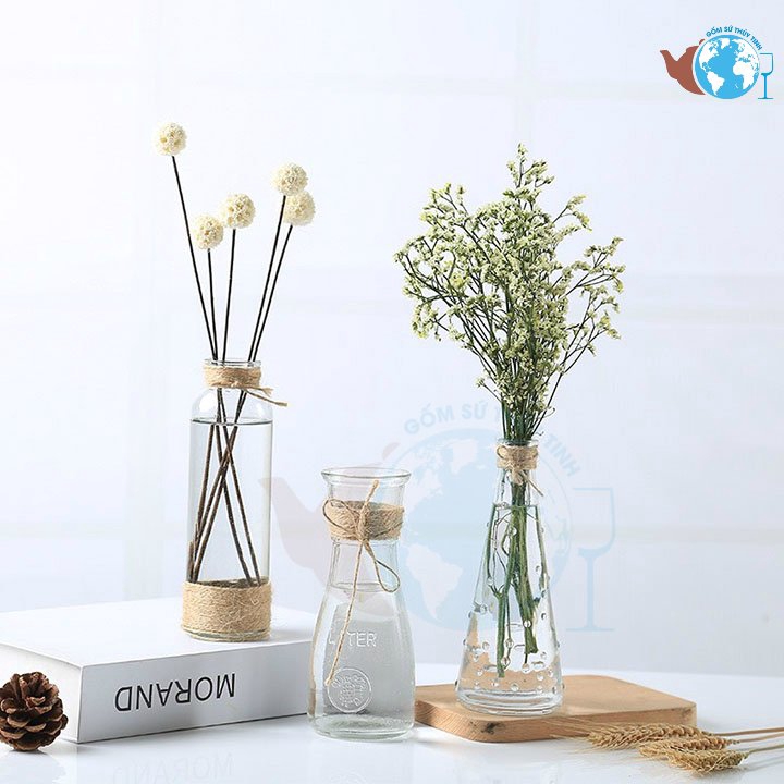 SET 3 lọ hoa thủy tinh EO NHỎ - TRÒN VÀ GIỌT SƯƠNG - MIX 3 MẪU SIÊU XINH  tặng kèm 3 dây dừa trang trí