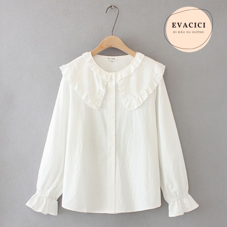 Áo sơ mi cổ 2 bèo viền ren độc đáo. Áo babydoll dài tay bồng chất mát