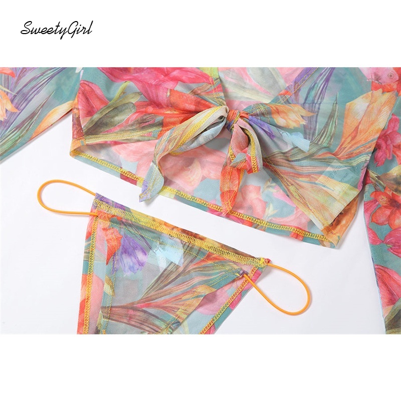 Bộ áo croptop tay dài cổ chữ V in họa tiết hoa + chân váy ngắn xếp ly thời trang gợi cảm cho nữ