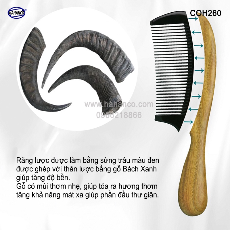 Lược gỗ ghép răng sừng xuất Nhật (Size: XL-20cm) Chống tích điện, chăm sóc tóc [COH260] HAHANCO