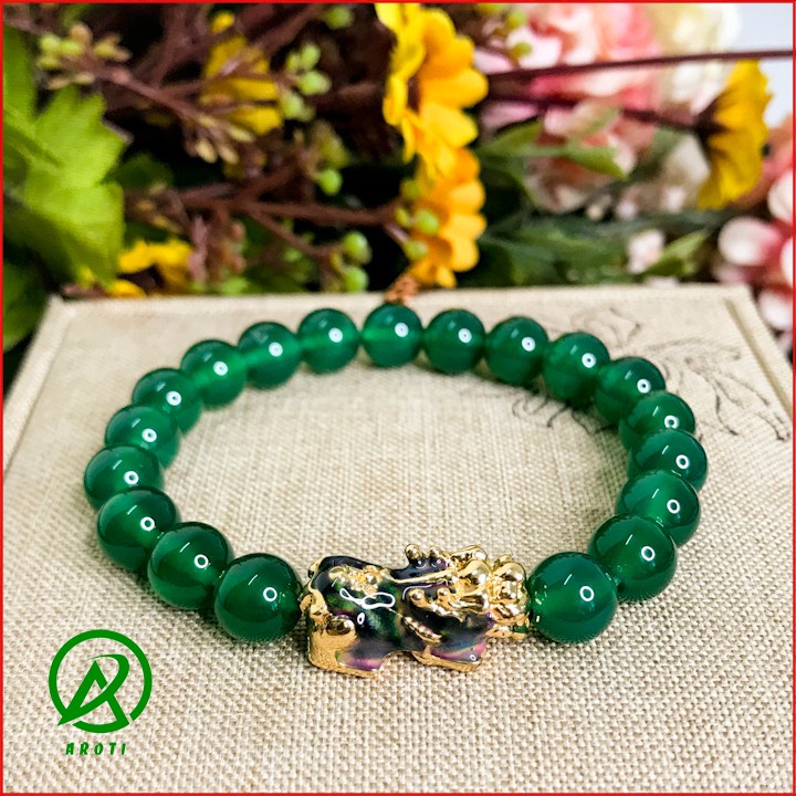 Vòng Tay Phong Thủy - Vòng Tay Nam Nữ Mã Não Mix long quy Vàng Đổi Màu 8mm V375-8