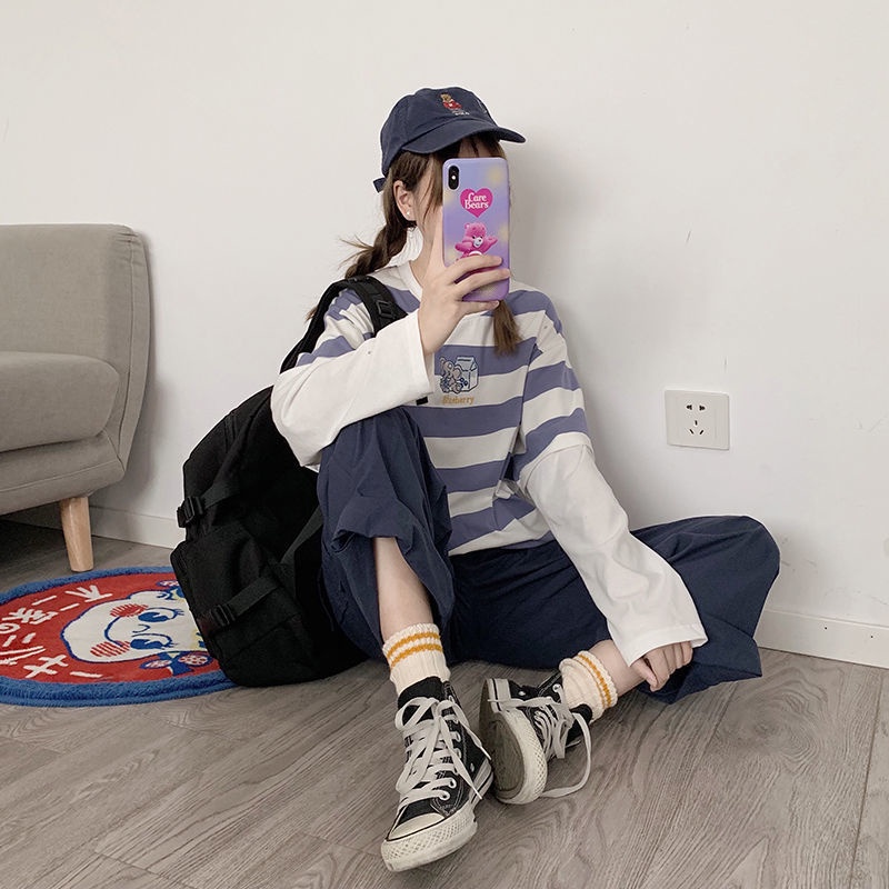 Áo Thun Dài Tay Giả Hai Lớp Phong Cách Hàn Quốc Dành Cho Nữ