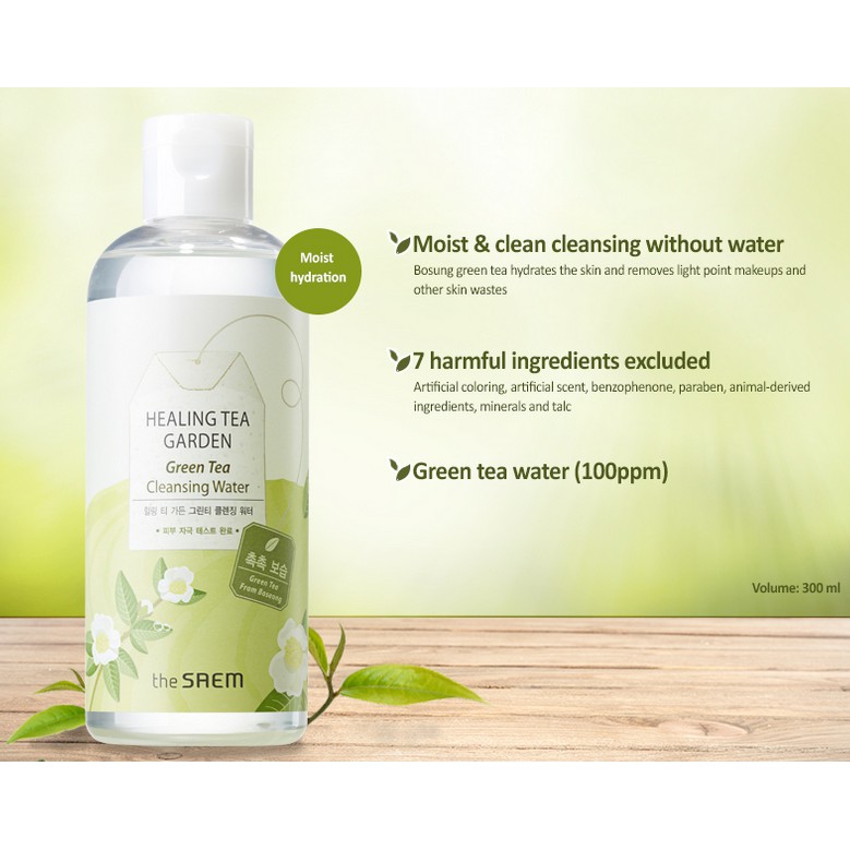 Nước tẩy trang chiết xuất Trà Xanh The Saem Healing Tea Garden Green Tea Cleansing Water[Dành cho da thường, da khô]