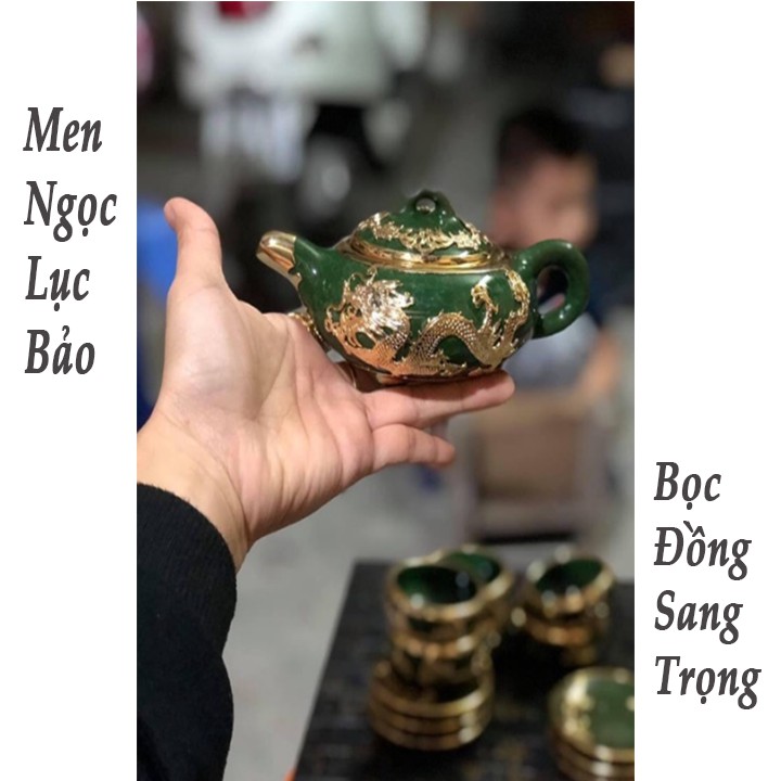 Bộ ấm chén men ngọc lục bảo bọc đồng cao cấp món quà ý nghĩa tặng người thân - br00620