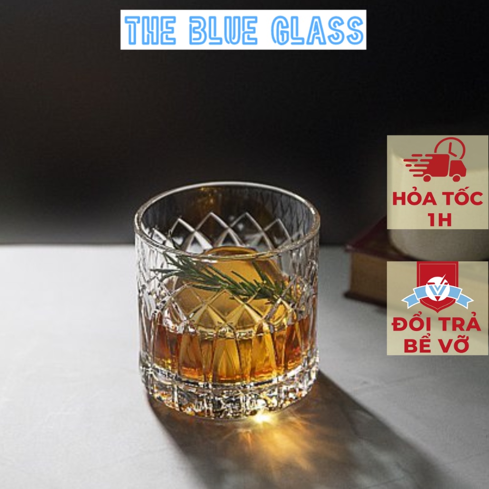 Bộ 6 cốc thủy tinh cao cấp Ocean, ly cốc Double Rock uống whisky 350ml hoa văn kim cương sang trọng - P03661