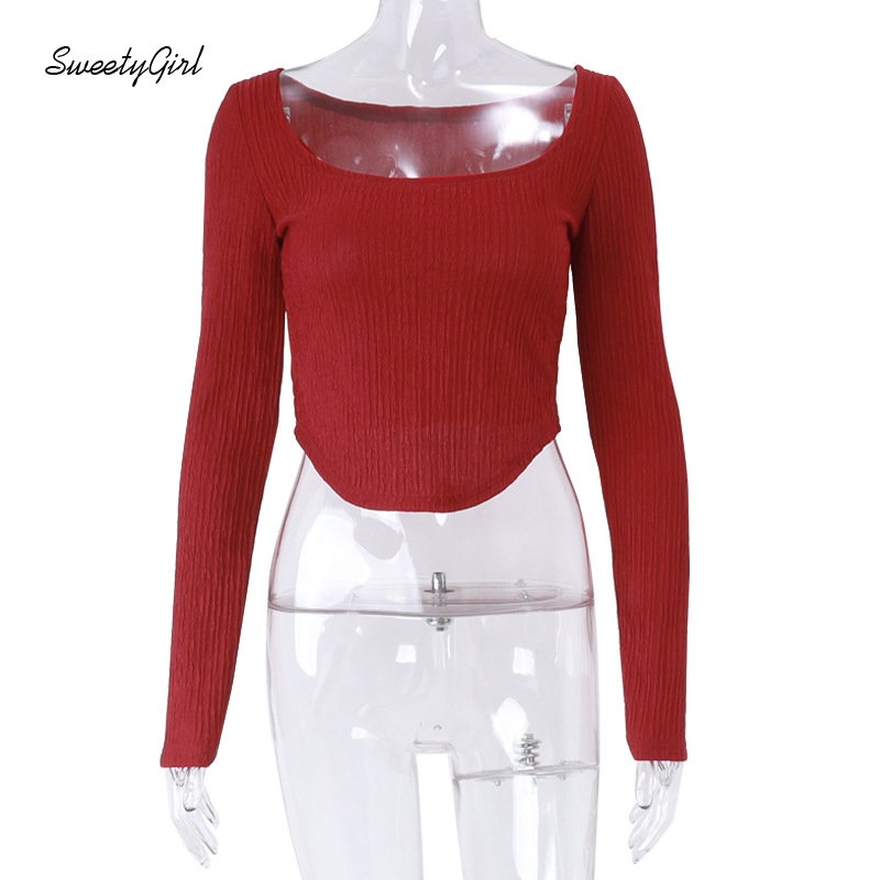 Áo Croptop Dệt Kim Tay Dài Cổ Chữ U Màu Đỏ Trơn Thời Trang 2022 Quyến Rũ Cho Nữ