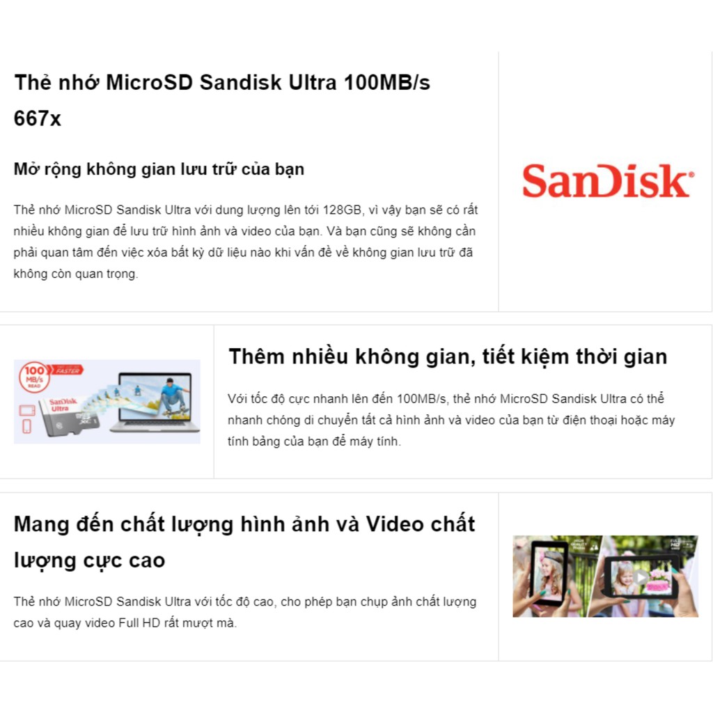 Thẻ Nhớ MicroSD SanDisk Ultra 16/32/64/128GB 100MB/s Chính Hãng Có Tem Chính Hãng