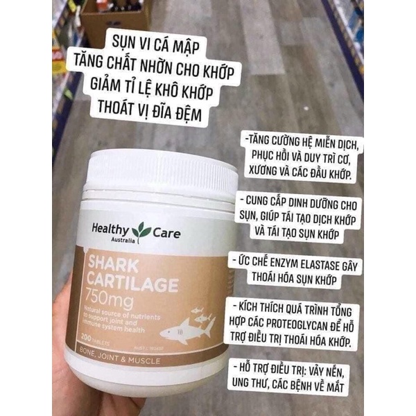 SỤN VI CÁ MẬP HEALTHY CARE SHARK CARTILAGE 750MG 200 VIÊN MẪU MỚI NHẤT