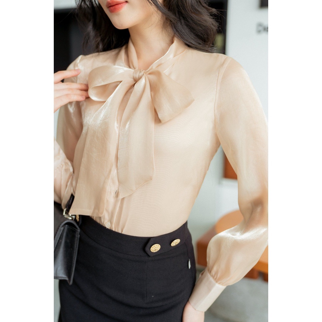 Áo sơmi tơ cổ thắt nơ tay măng sec TIINSTORE AHD408
