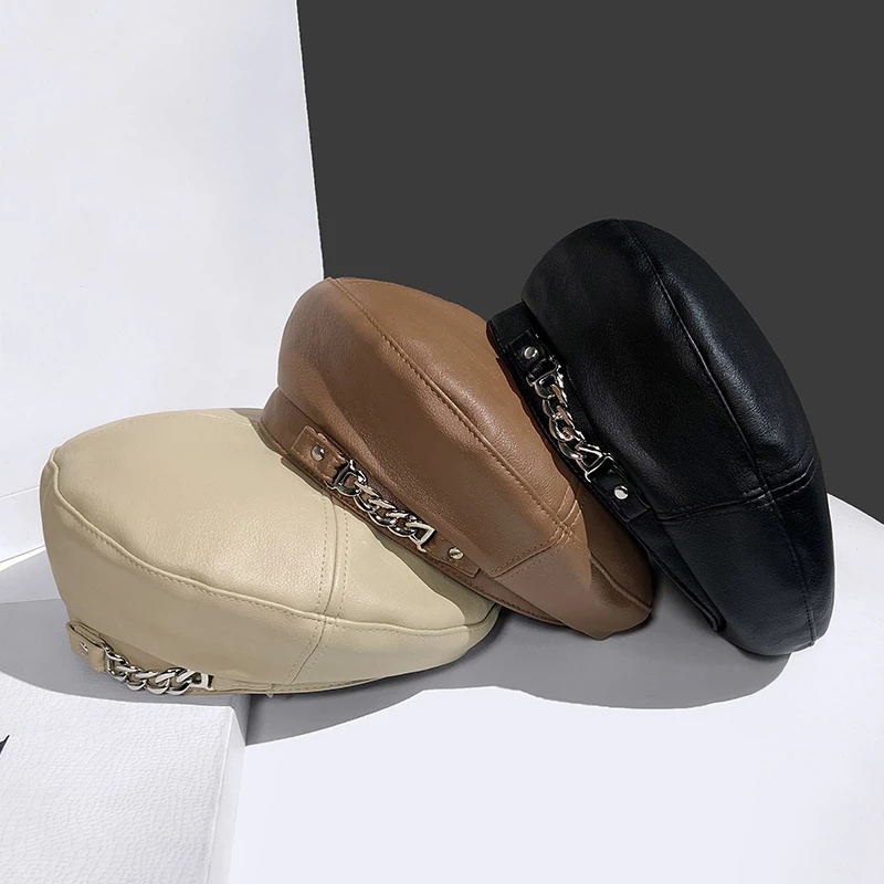 Mũ Beret Da Pu Phối Dây Xích Kim Loại Phong Cách Retro Anh Quốc Cá Tính