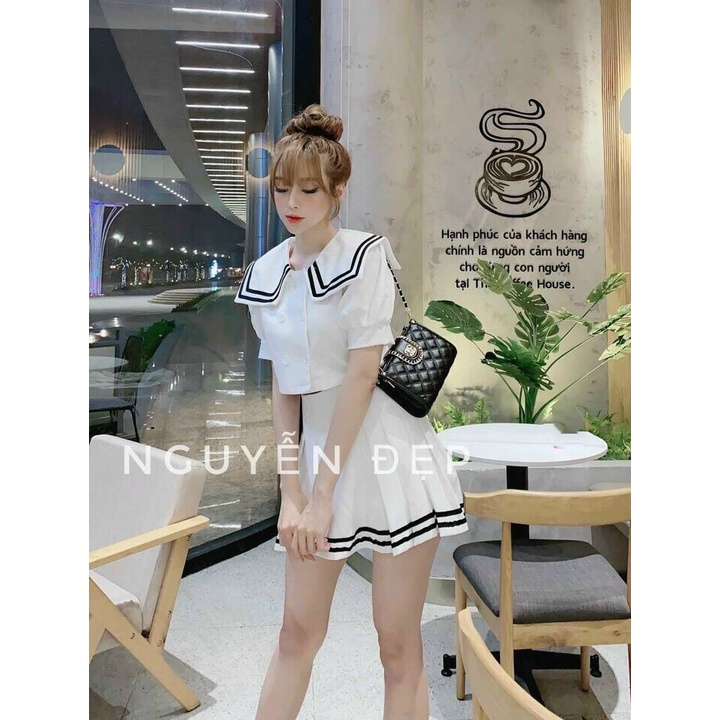 Sét váy tiểu thư dáng áo croptop cổ thời trang phối viền kẻ đen mix với chân váy xòe xếp li siêu xinh 2 màu đen và trắng