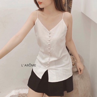 Áo 2 dây đính nút linen - hình thật