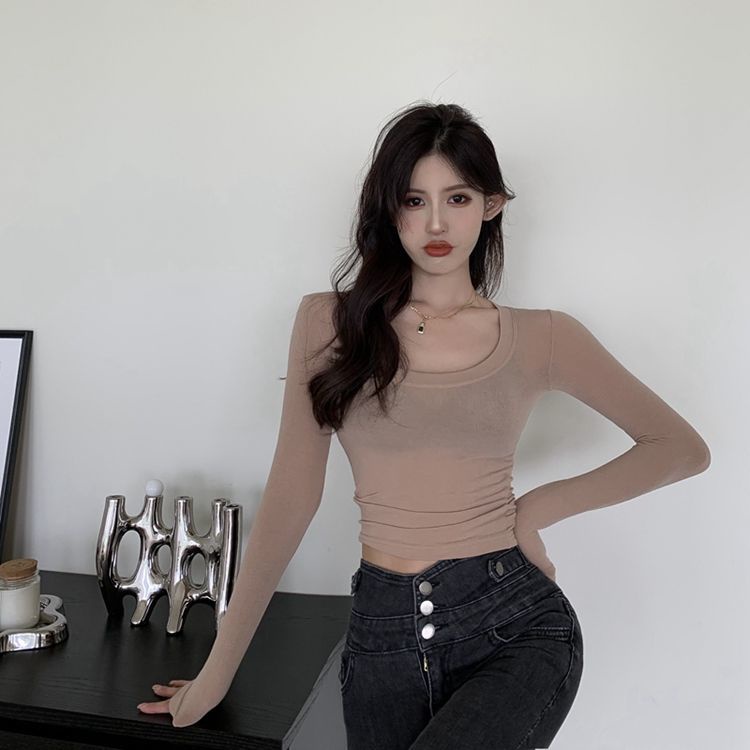 COZOK Áo Thun Tay Dài Cổ Chữ U Dáng Ôm Thời Trang Cho Nữ