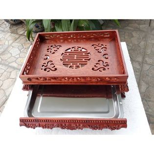 Khay trà gỗ Hương - Tặng bộ ấm chén Bát Tràng - Kích thước 37*27*12cm