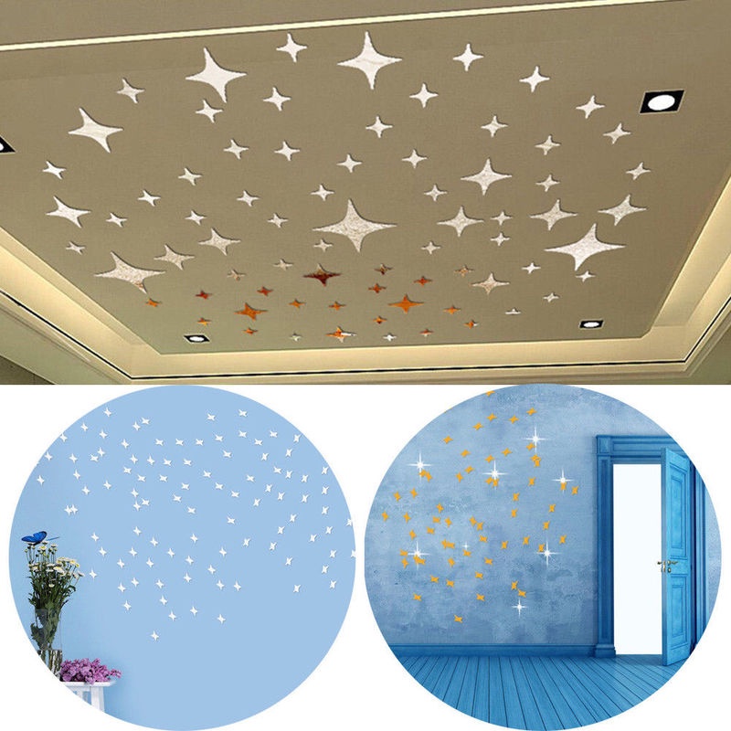 Set 50 Miếng Dán Tường Tráng Gương Hình Ngôi Sao 3D 5*5CM Chất Liệu Acrylic Tráng Gương Dùng Để Trang Trí Nhà