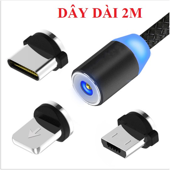 FREESHIP TỪ 50K _ Dây dài 2M | Cáp sạc từ hút nam châm đầu Iphone | micro USB | Type C xoay 360 độ dây dù,có LED cao cấp