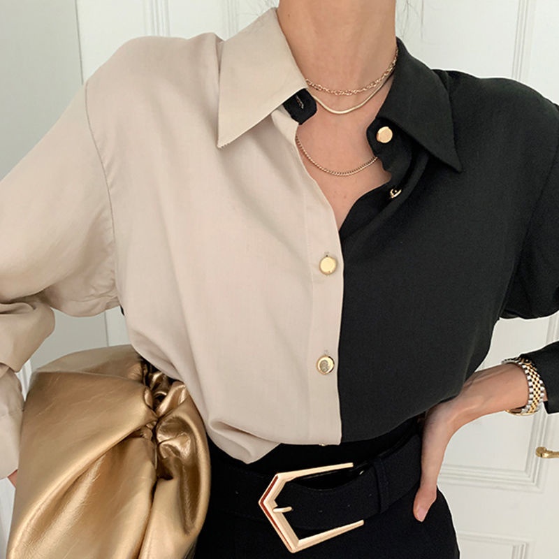 Áo Sơ Mi Dài Tay Màu Sắc Tương Phản Thời Trang 165471 Áo Sơ Mi Form Rộng Theo Phong Cách Retro Hợp Thời Trang