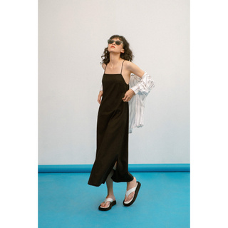 LIBÉ - Đầm dài hai dây mảnh làm bằng vải linen màu đen