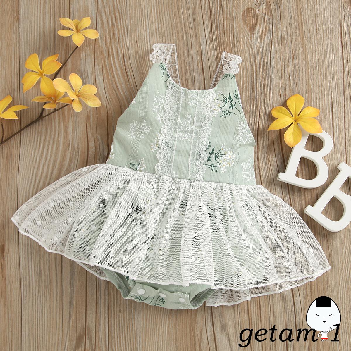 LJW-Newborn Baby Girls Summer Mesh Sleeveless Plant Pattern U-shaped Neck Lace Trim Playsuit