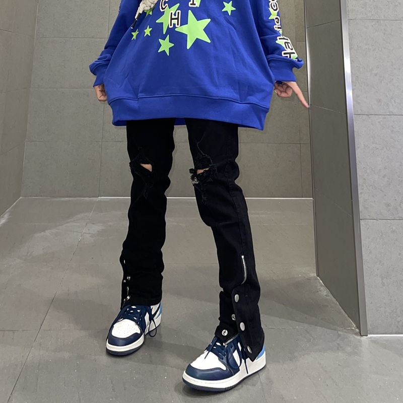 2022 Quần jeans ống thẳng kiểu rách gối phối dây kéo thời trang Hip Hop đường phố sành điệu mới size lớn dành cho nữ