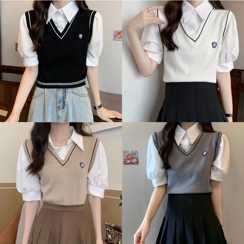 Áo sơ mi voan trắng tay bồng phối gile học sinh, Áo sơ mi nữ tay bồng