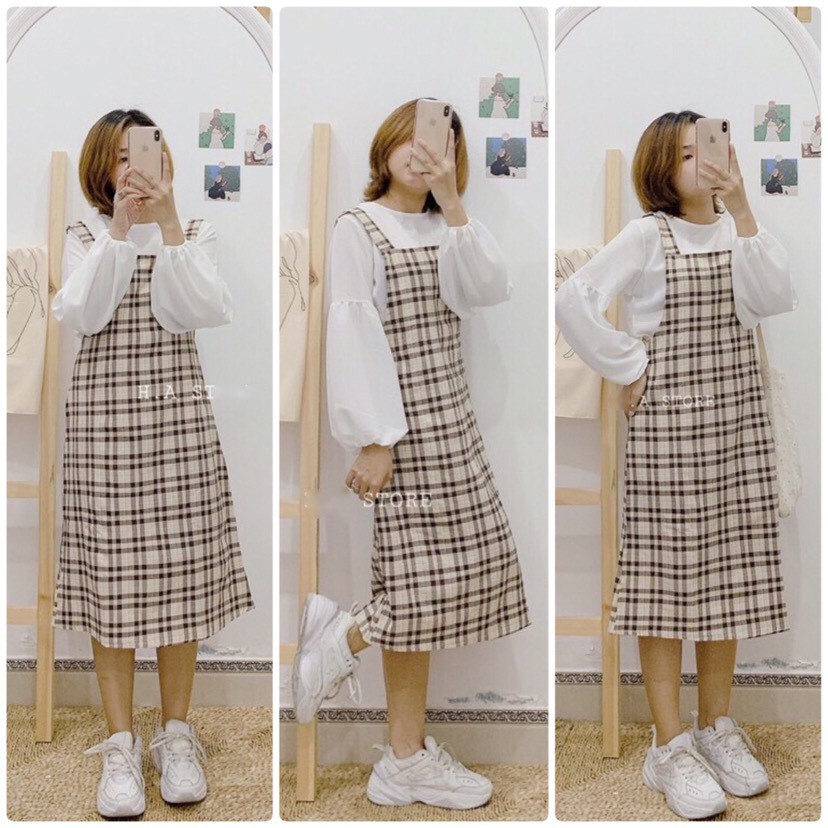 Váy yếm kẻ caro tặng kèm áo tay bồng Ulzzang, Bộ váy vintage kèm áo tay bo | BigBuy360 - bigbuy360.vn
