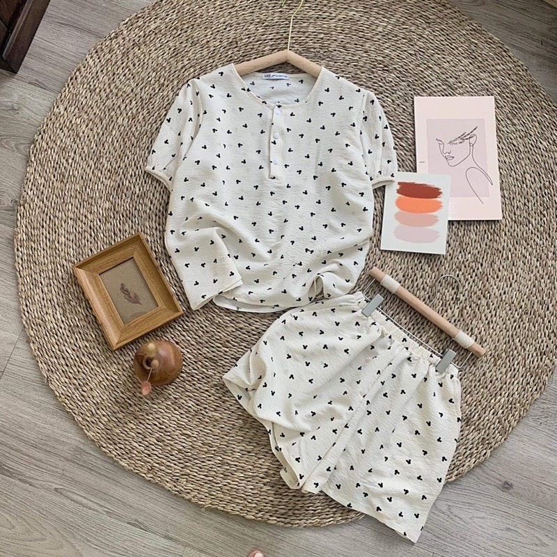 BỘ ĐỒ PIJAMA CỘC TAY CHẤT ĐŨI XỐP KÈM BUỘC TÓC SCRUNCHIES SIÊU ĐÁNG YÊU