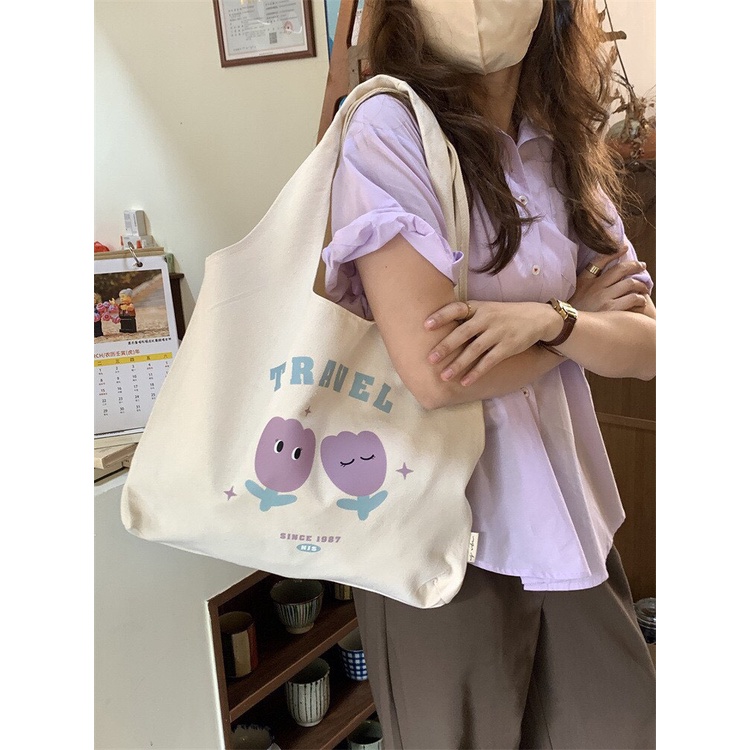 Túi Tote Vải Canvas Dạng Bầu Hoa Tím Dễ Thương Có Túi Con Thời Trang Ulzzang Hàn Quốc  MTT0088