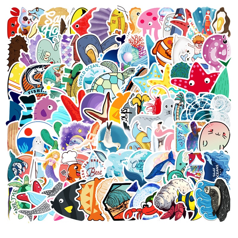 Combo 30 Sticker Hình Dán Chống Nước Decal Điện Thoại Laptop Nón Mũ Bảo Hiểm Vali Đàn Bình Nước Sổ Tay [ĐỘNG VẬT BIỂN]