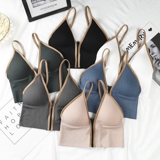 Áo bra đẹp gân nữ cá tính 2 dây cỗ v khóa kéo trước, croptop đẹp tập gym yoga