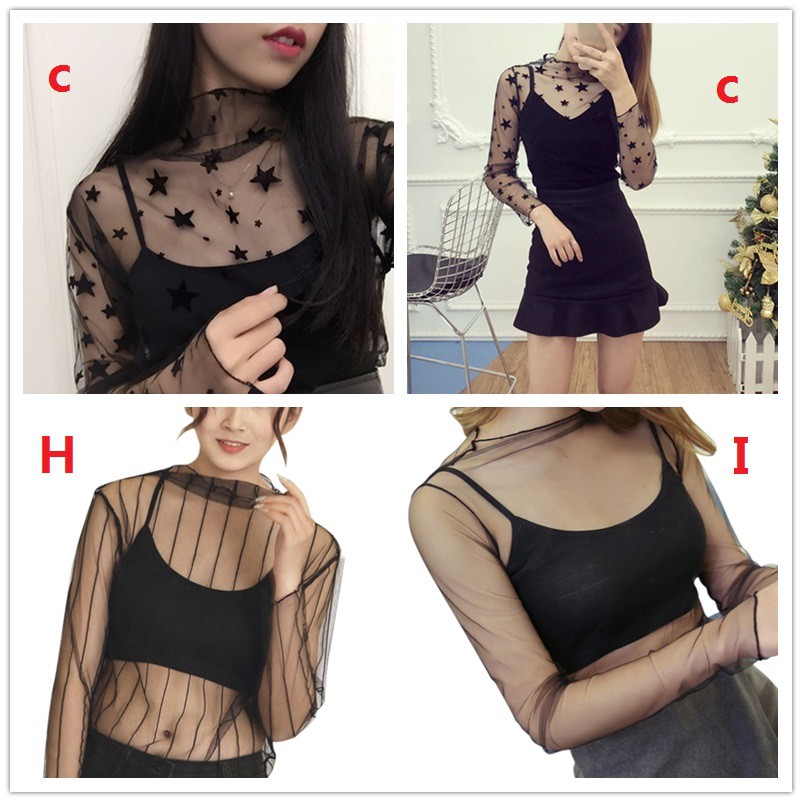 Women Mesh T-shirts Long Sleeve Tops Hot Sexy High Neck Black Lace Bottoming Shirts Punk Chic T Shirt Women