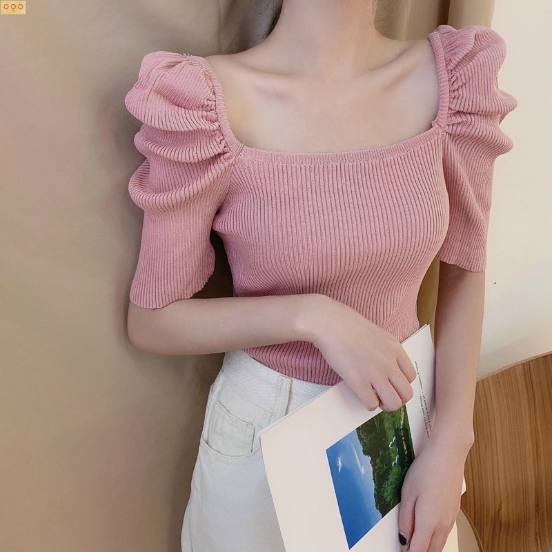 Áo thun gân tay lỡ cổ vuông vai phồng