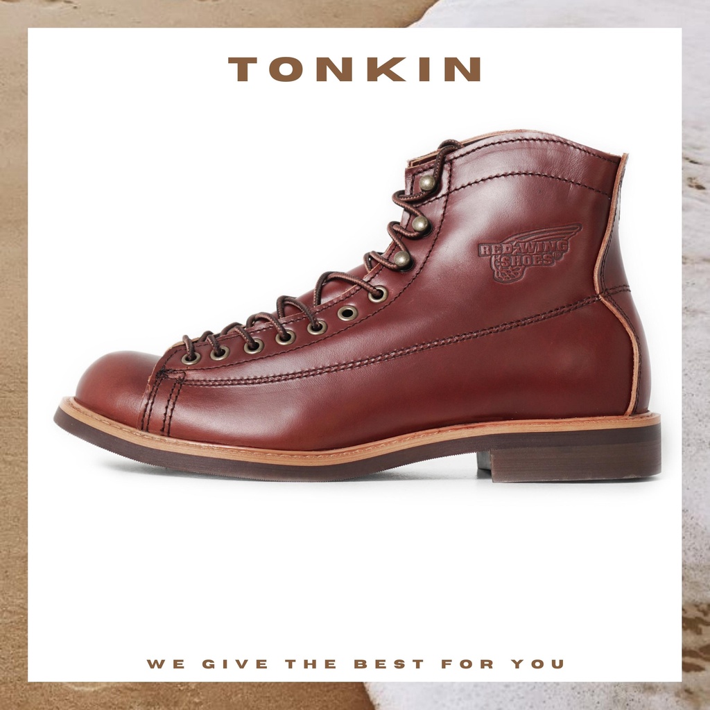 Giày boot nam REDWING LINEMAN cao cổ màu nâu, giày phượt da bò thật TONKIN