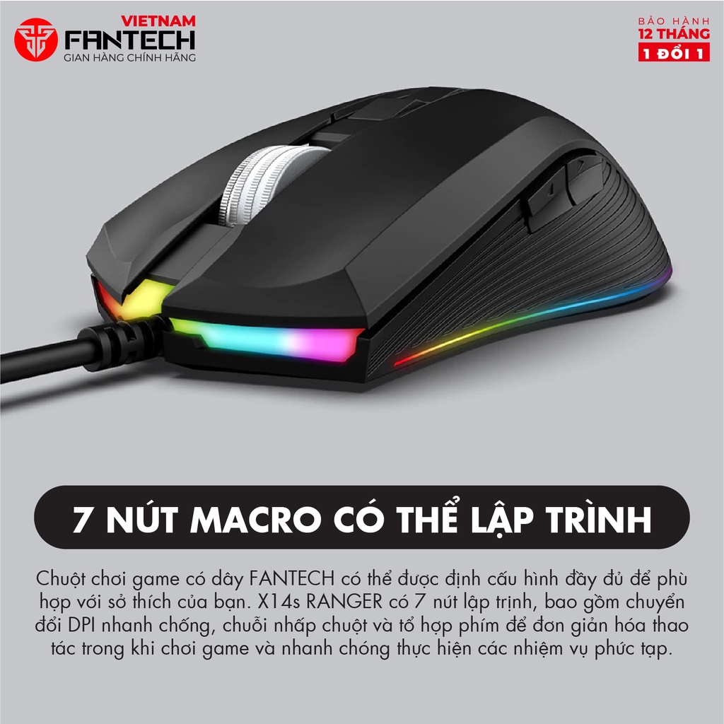 Chuột máy tính Gaming FANTECH X14s RANGER 10000DPI LED RGB 8 Phím Macro - Hãng phân phối chính hãng Bảo hành 12 tháng